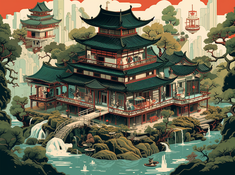 人间仙境的中国风古典建筑插画背景,插画/手绘图,插画/手绘图库,插画/手绘图下载,插画/手绘